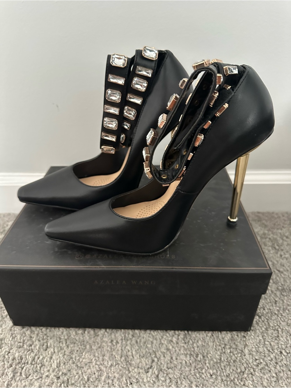 AKIRA Black Pointed Jeweled Ankle-Strap Stiletto Pumps - Picture 2 of 6